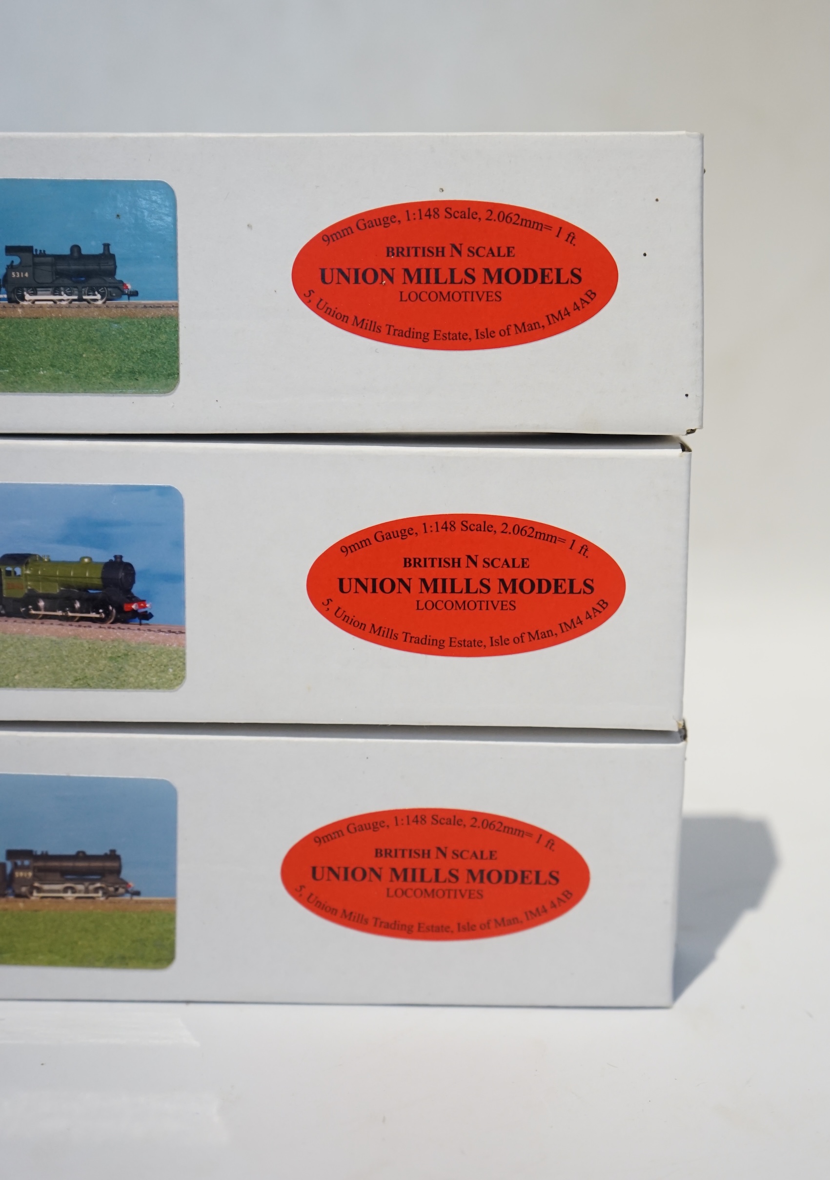 Three boxed Union Mills Models N gauge railway LNER locomotives; a Class J11, 4354, a Class J39, 2943, and a Class J38, 5919. Condition - good.